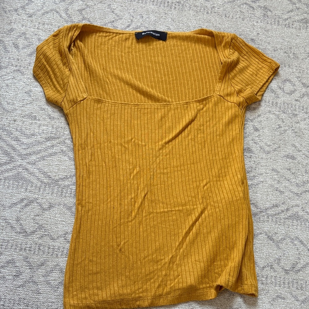 Reformation Mustard Ribbed Square Neck Blouse